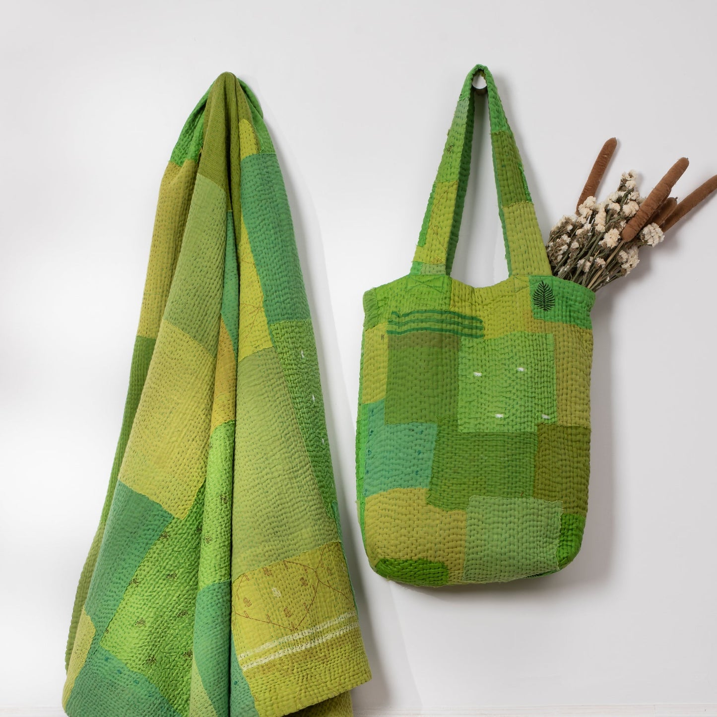 Mosaic Fray Handmade vintage Kantha Tote Bag- Lime Green